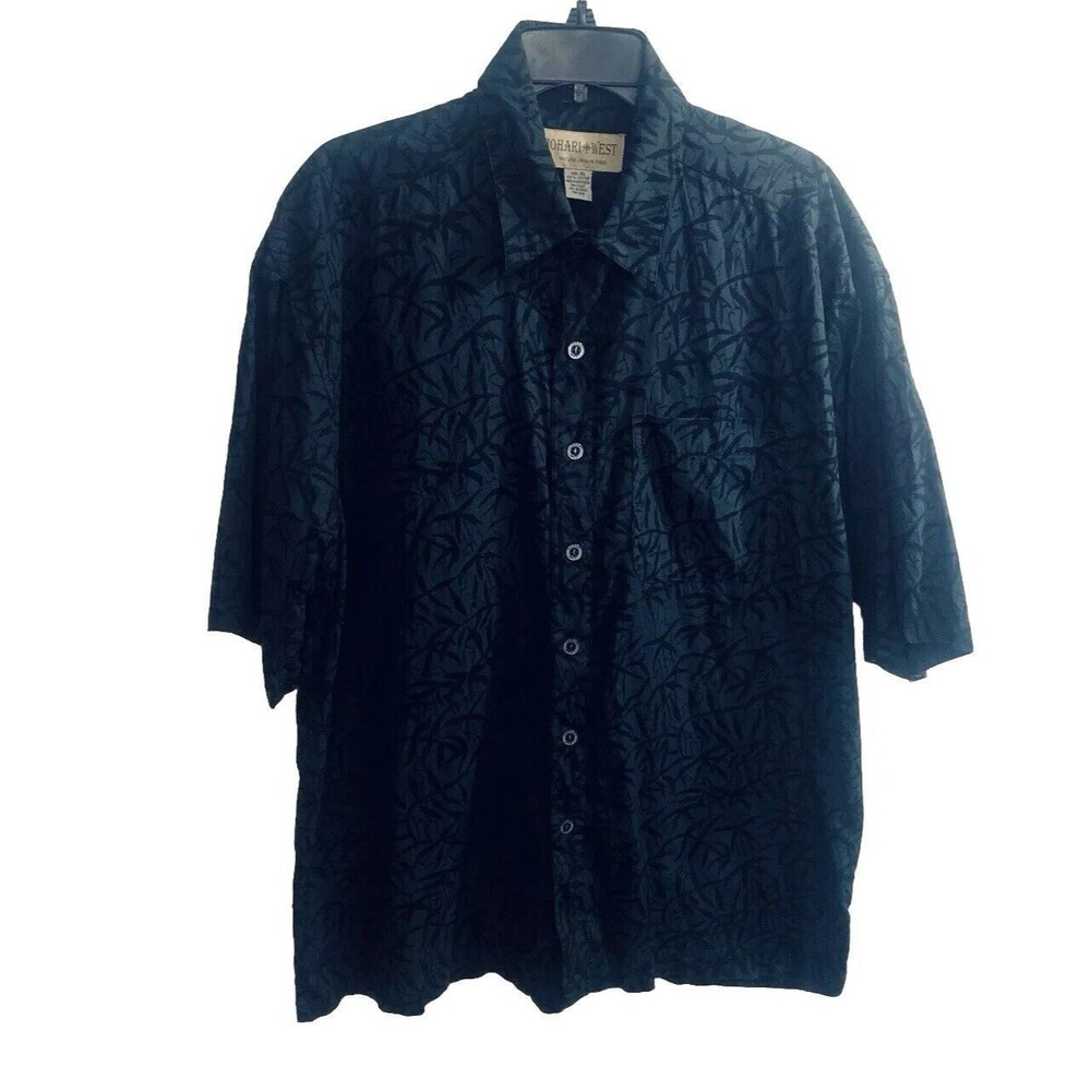 Johari West Mens Button Up Shirt XL Blue Bamboo Pattern 100% Cotton Short Sleeve